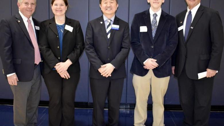 Speakers from the scholarship Luncheon at Penn State DuBois. From left to right, Dave Spigelmyer, Hunter Raffeinner, Jungwoo Ryoo, Andrea Lecuyer and Dan Kohlhepp.